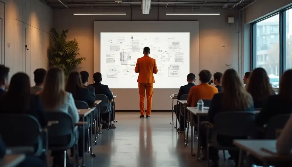 Treinamento de Recursos Humanos em sala de aula com instrutor apresentando conteúdo para equipe de profissionais.