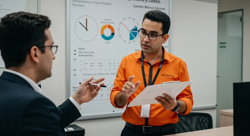 Profissional explicando regras de interjornada e intrajornada em treinamento de segurança do trabalho. Ambiente de escritório com gráficos e apresentação.