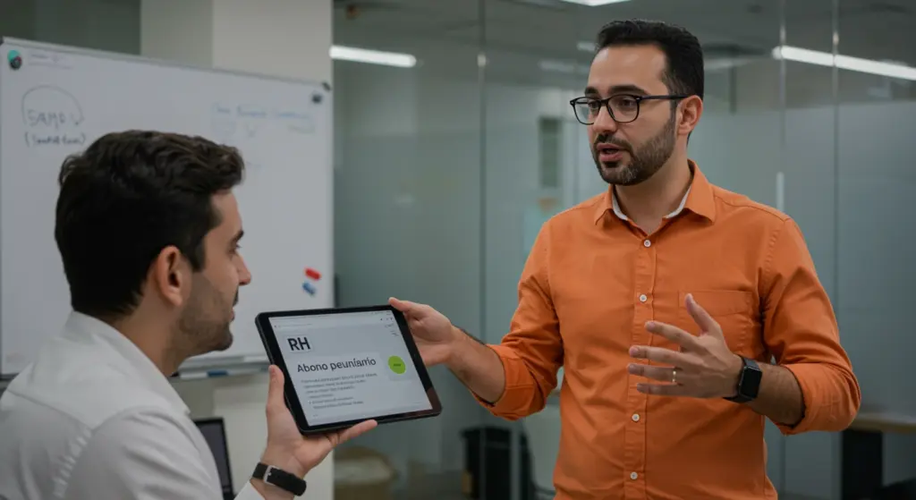 Homem explicando sobre o abono pecuário para cliente em ambiente de escritório.