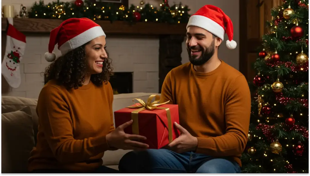Homem e mulher celebrando o Natal com gorros de Papai Noel, trocando presente em ambiente decorado com árvore de Natal e luzes festivas.