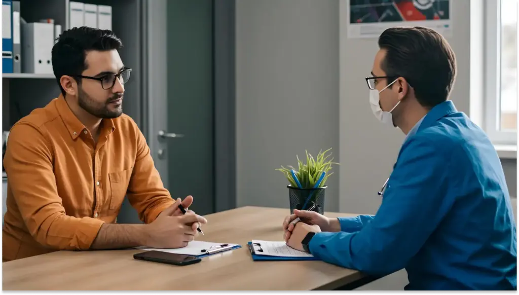 Consulta médica com dois homens no consultório, um paciente com óculos e camisa laranja, médico com máscara e jaleco azul, em conversa séria e atenta.