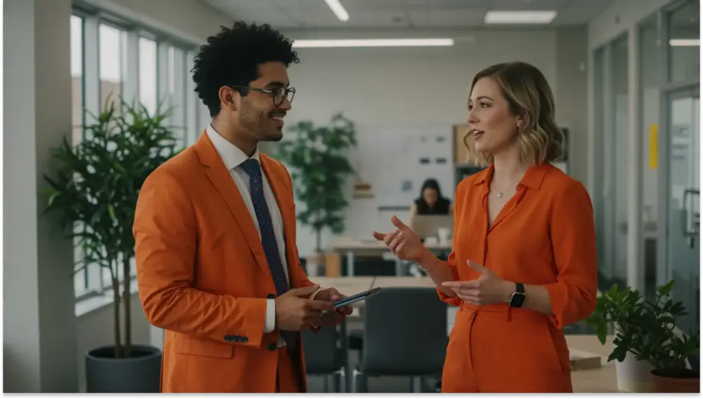 Homem e mulher conversando e sorrindo no ambiente de escritório, ambos de roupas laranja, uma conversa profissional e amistosa.