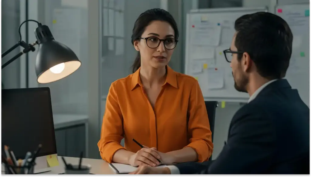 Mulher de óculos e camisa laranja conversando com um homem de terno em escritório moderno, ambiente profissional.
