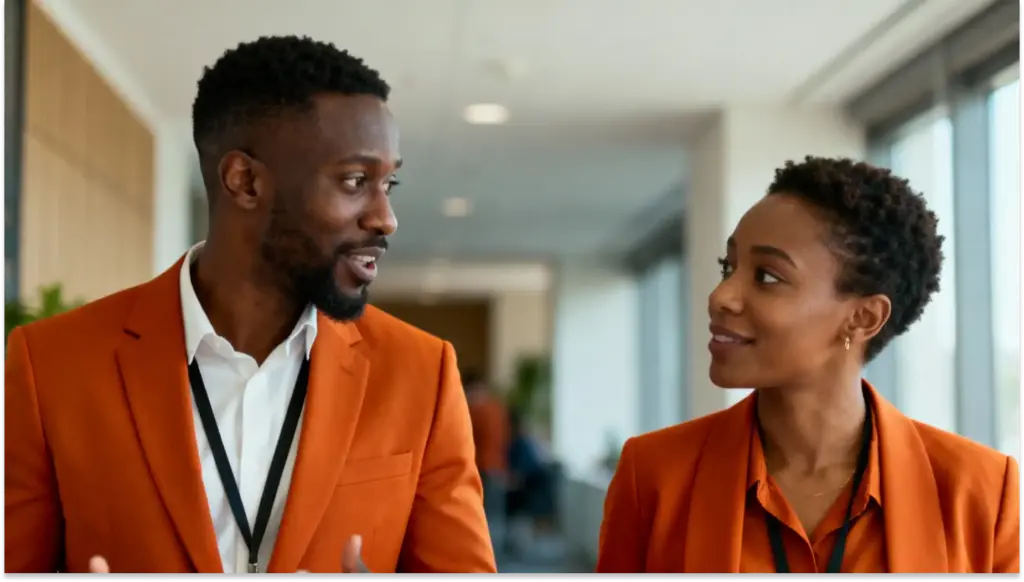 Homens e mulheres de negócios em uma conversa animada durante um evento, vestindo roupas sociais no ambiente de escritório moderno.