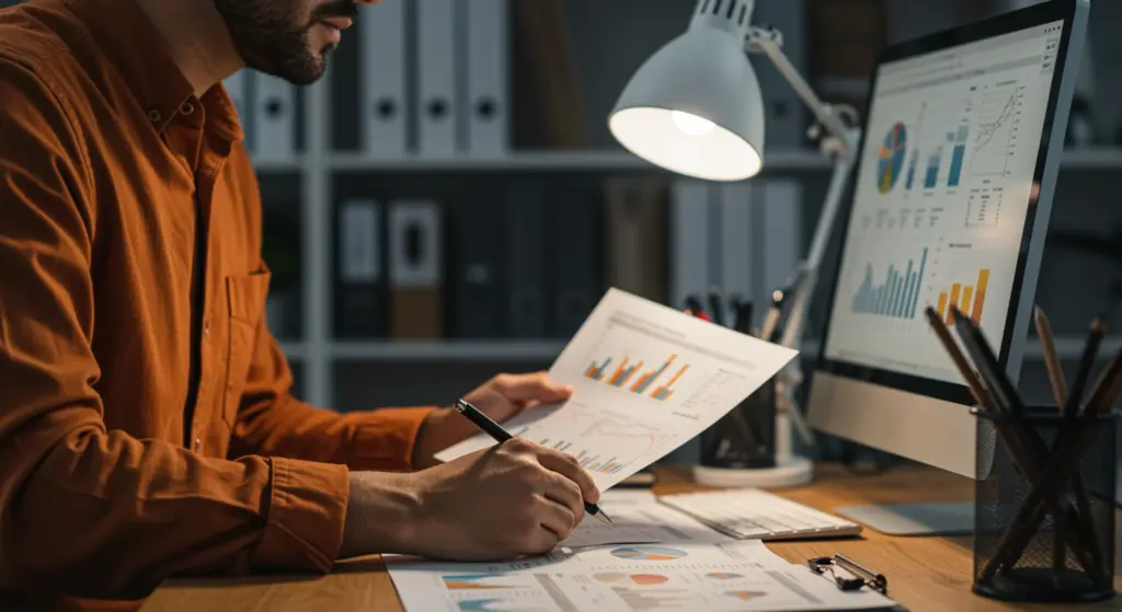 Profissional analisando relatórios financeiros e gráficos de desempenho no departamento financeiro, com computador e documentos na mesa.