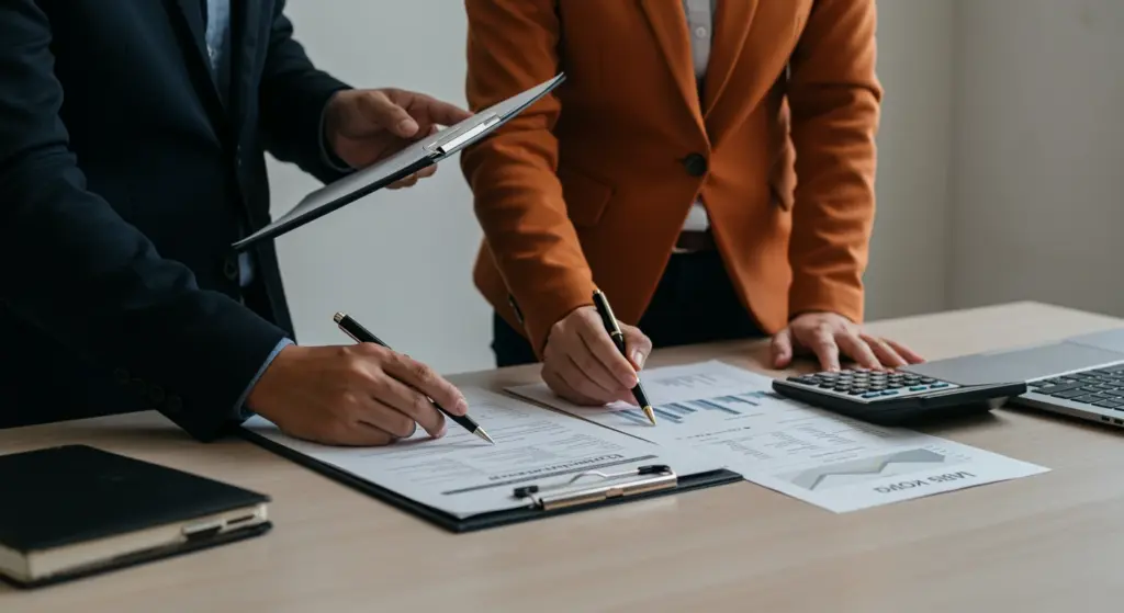 Duas pessoas de negócios analisando documentos financeiros em uma reunião do departamento financeiro, com calculadora e laptop na mesa.
