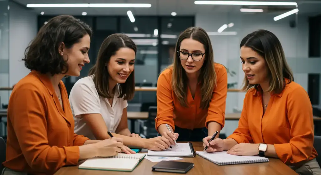 Equipes de trabalho colaborando em uma reunião no departamento financeiro de uma empresa moderna, com foco em planejamento financeiro e estratégias tributárias.