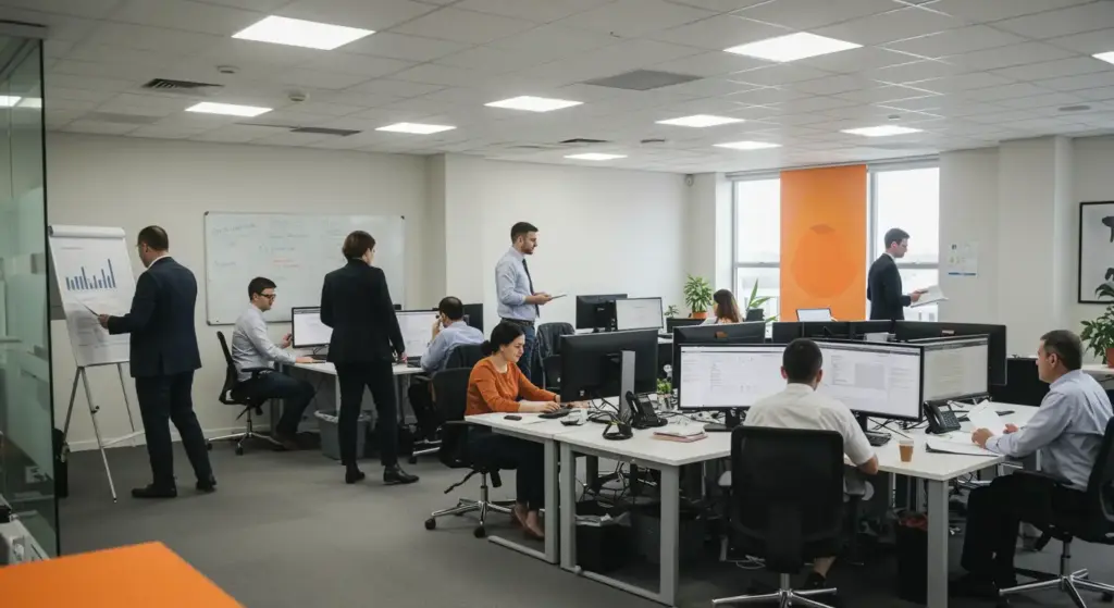 Imagem de um departamento financeiro moderno com profissionais trabalhando em computadores, reuniões e análise de dados financeiros.