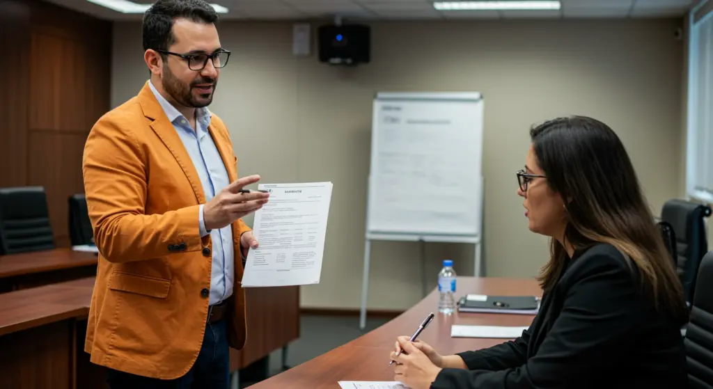 Homem explicando a diferença entre salário e remuneração para uma mulher durante uma conversa em ambiente de escritório.