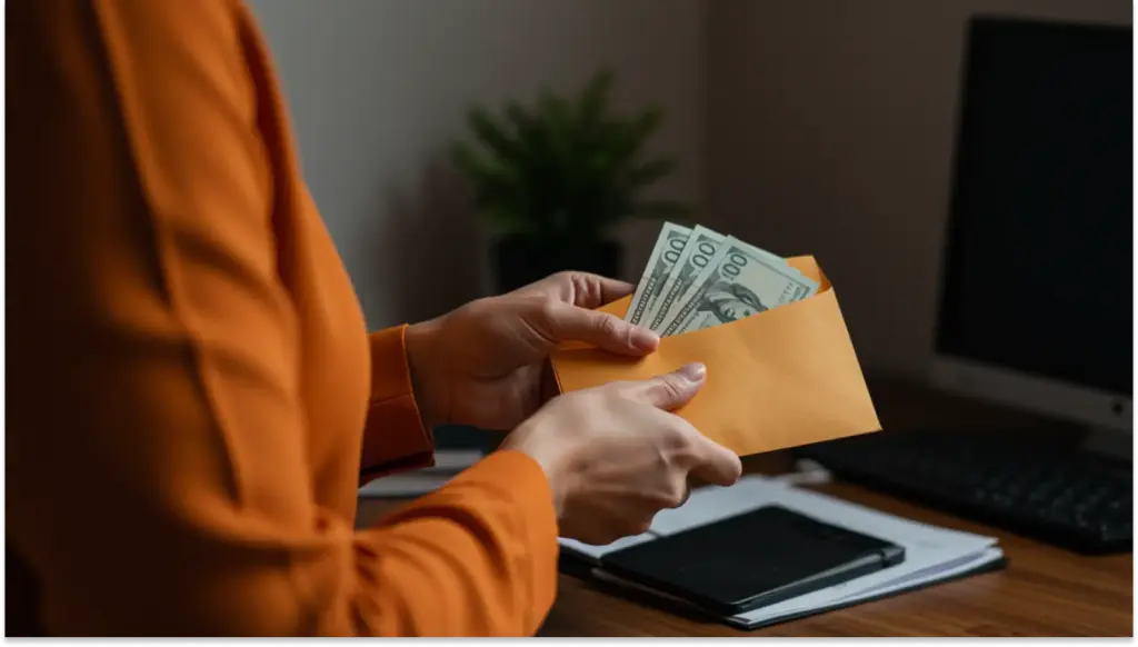 Pessoa segura envelope com dinheiro em dinheiro na mão, ambiente de escritório ao fundo com computador, agenda e planta. Representa temas financeiros e negócios.