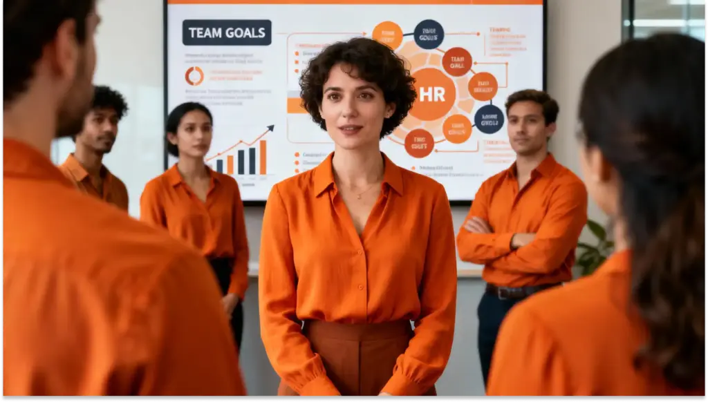 Equipe de profissionais de negócios em uma reunião de equipe, discutindo objetivos e estratégias, com uma apresentação de gráficos e 'team goals' ao fundo.