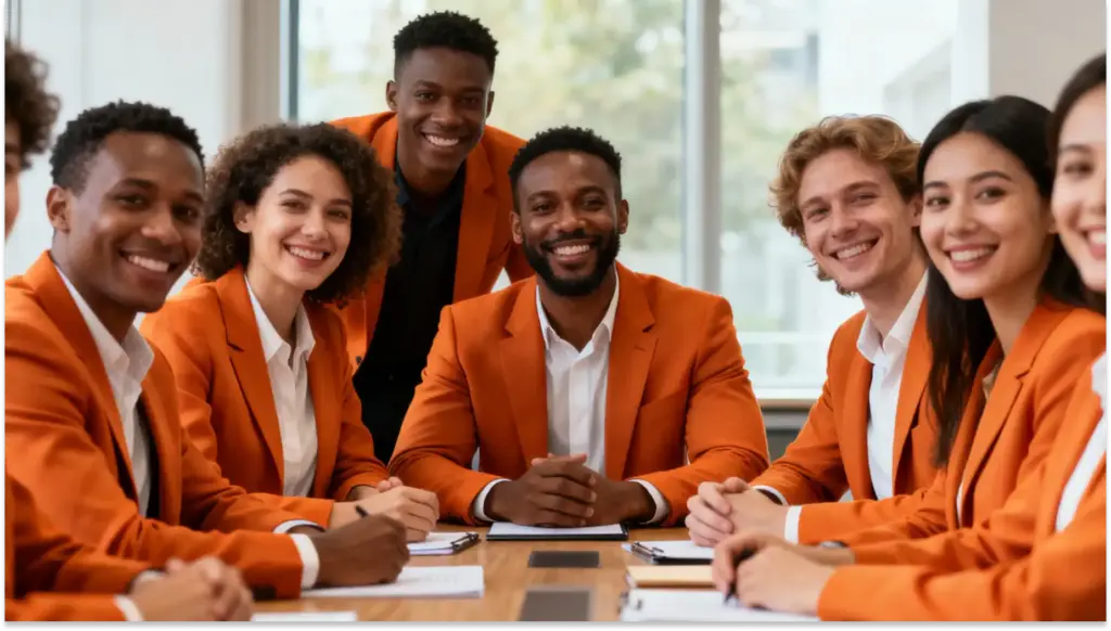 Equipe de profissionais de negócios sorrindo em reunião de equipe, usando blazers laranja, em ambiente de escritório moderno, promovendo trabalho em equipe e sucesso empresarial.