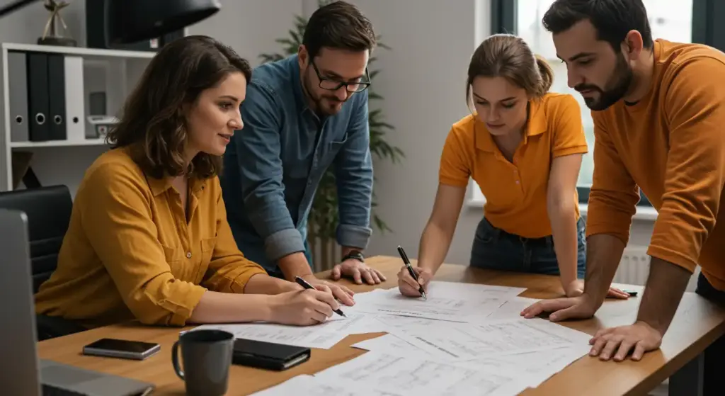 Equipe de profissionais discutindo documentos de folha de pagamento em uma reunião de escritório, colaborando para calcular salários e benefícios corretamente.