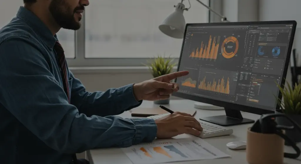 Profissional analisando gráficos de folha de pagamento em computador com várias telas e dados financeiros.