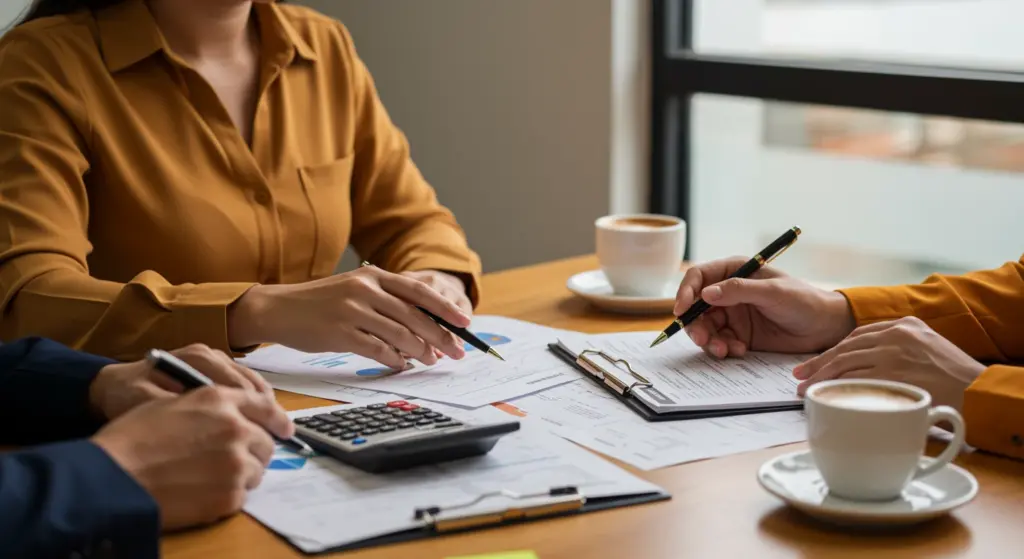 Reunião de equipe analisando dados e documentos relacionados à folha de pagamento em ambiente de escritório.