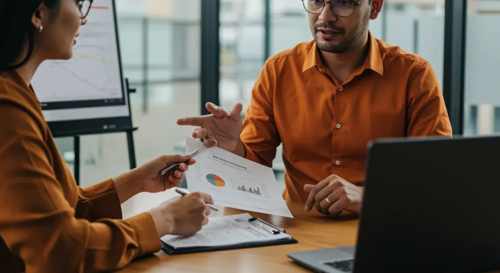 Duas pessoas discutindo folha de pagamento durante reunião de negócios em escritório moderno com computador e gráficos na tela.