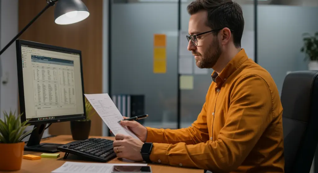 Homem analisando folha de pagamento em computador no escritório, com foco na tela do sistema de gestão salarial e documentos impressos na mesa.