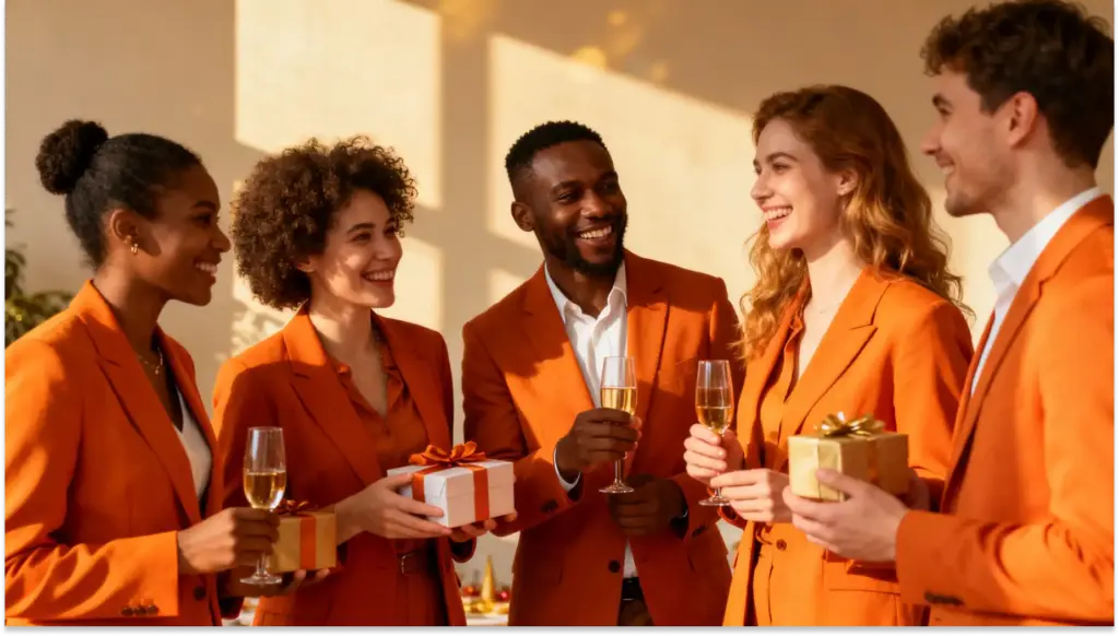 Grupo de pessoas sorrindo em uma celebração, vestindo ternos laranja, segurando taças de champagne e presentes, em ambiente de festa, realizando estratégias de engajamento no fim do ano,
