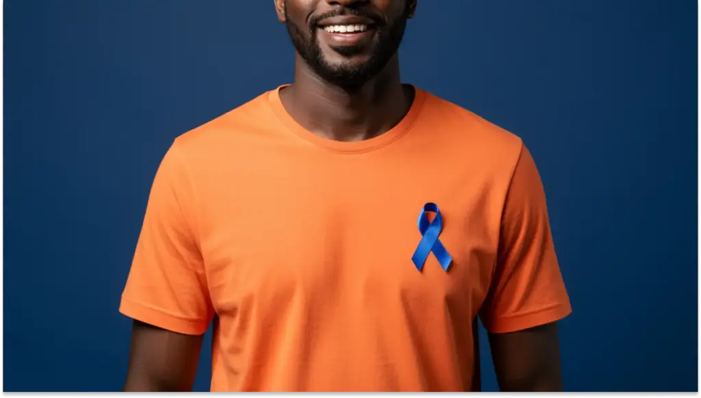 Homem sorridente usando camiseta laranja com fita azul de conscientização ao lado de parede azul, promovendo consciêntização para o novembro azul.