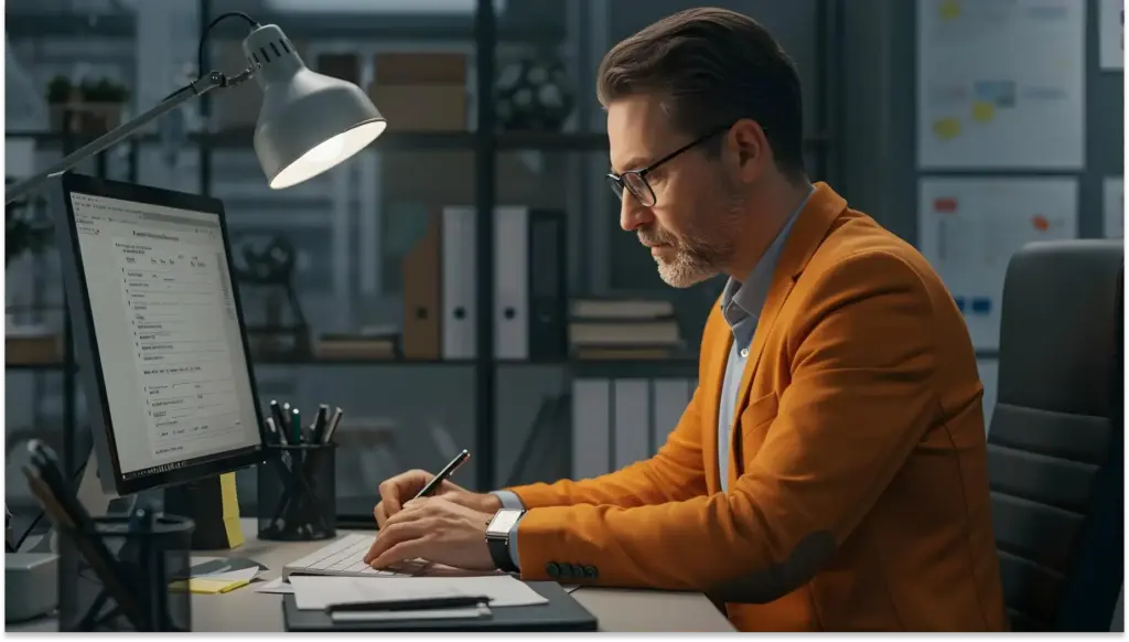 Homem de terno mostarda e óculos, concentrado no CAGED no computador em escritório moderno, com iluminação adequada e organização eficiente.