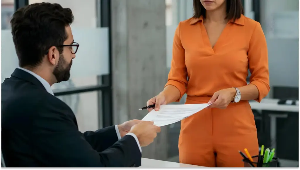 Homem de terno preto recebendo advertência por falta de mulher de roupa laranja em ambiente de escritório moderno.