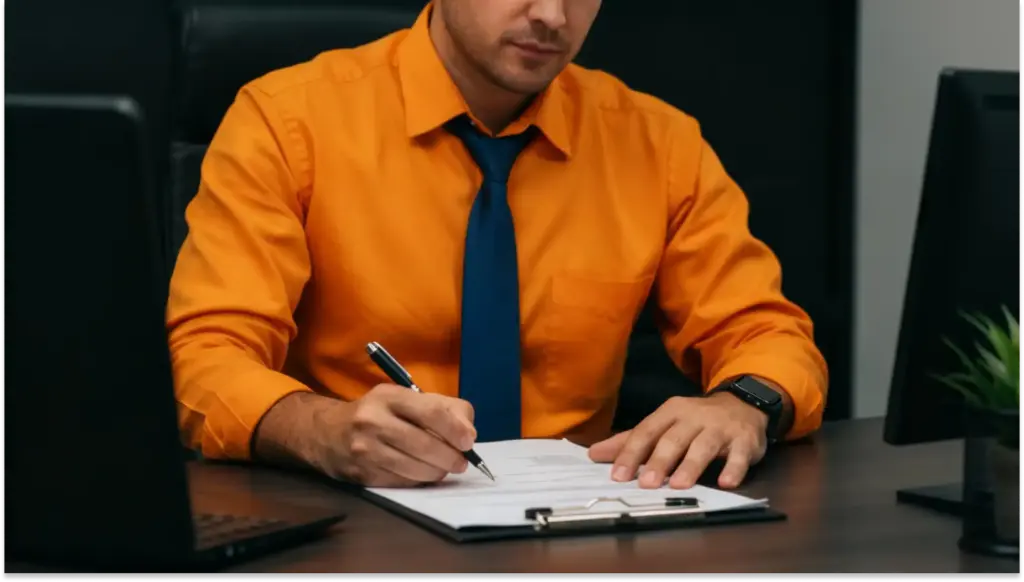 Homem de terno laranja e gravata azul, sentado na mesa de escritório, escrevendo em um caderno, com computador ao lado e ambiente de trabalho profissional.