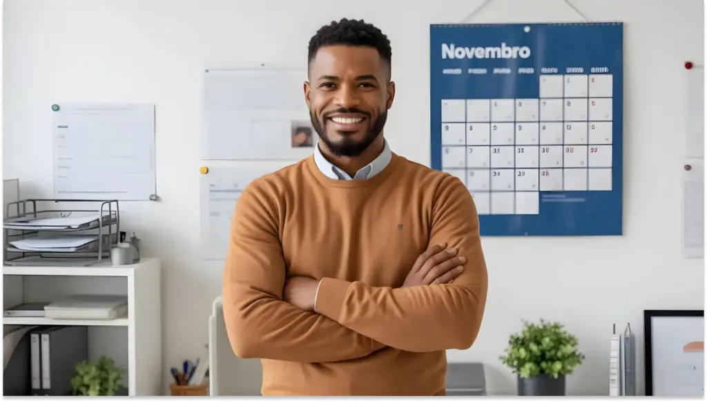 Homem sorridente de braços cruzados no escritório, com calendário de novembro ao fundo, ideal para assuntos relacionados ao Novembro azul e conscientização da saúde masculina.