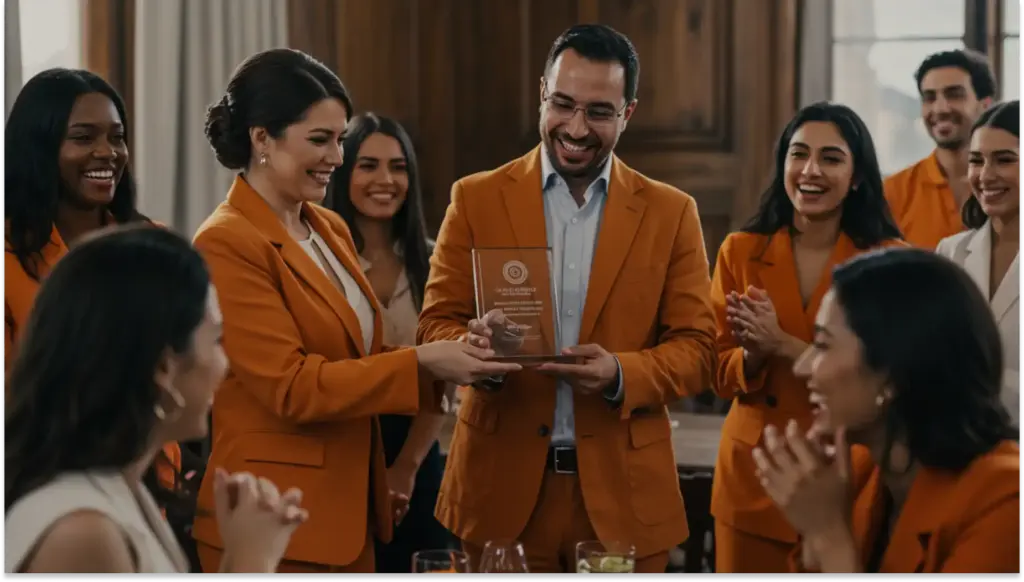 Homem recebendo prêmio em uma cerimônia de reconhecimento, cercado por colegas de trabalho felizes e sorridentes, em ambiente corporativo elegante.