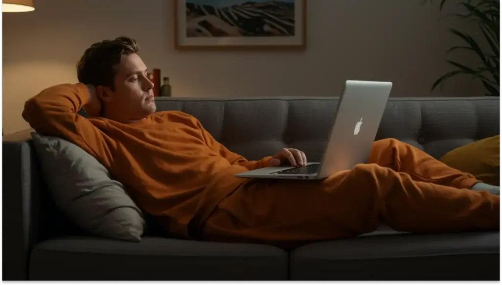 O que é recesso? Homem relaxado usando um laptop Apple enquanto recosta no sofá em um ambiente aconchegante à noite, ideal para trabalho remoto ou lazer em casa.
