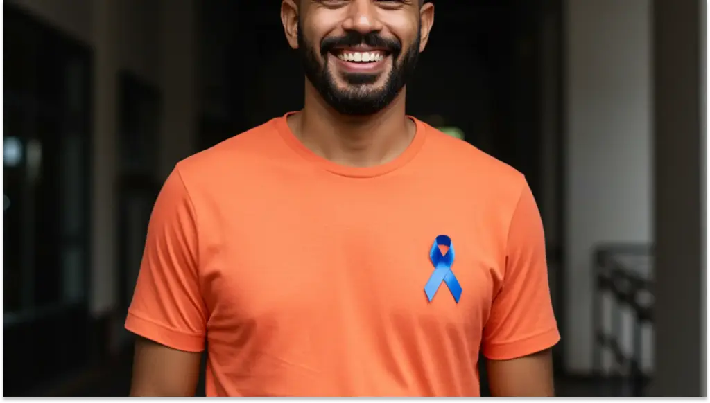 Homem sorridente usando camiseta laranja com laço azul, símbolo de conscientização, reforçando a importância do apoio e solidariedade na luta contra o câncer.