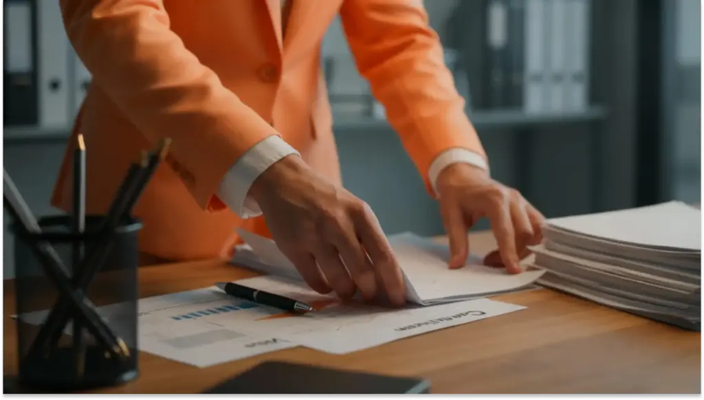 Homem de terno organizando documentos em uma mesa de escritório, preparado para uma reunião ou análise de informações importantes.