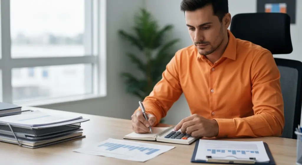 Homens discutindo documentos relacionados a abono pecuniário em uma reunião de trabalho, com foco na orientação financeira.