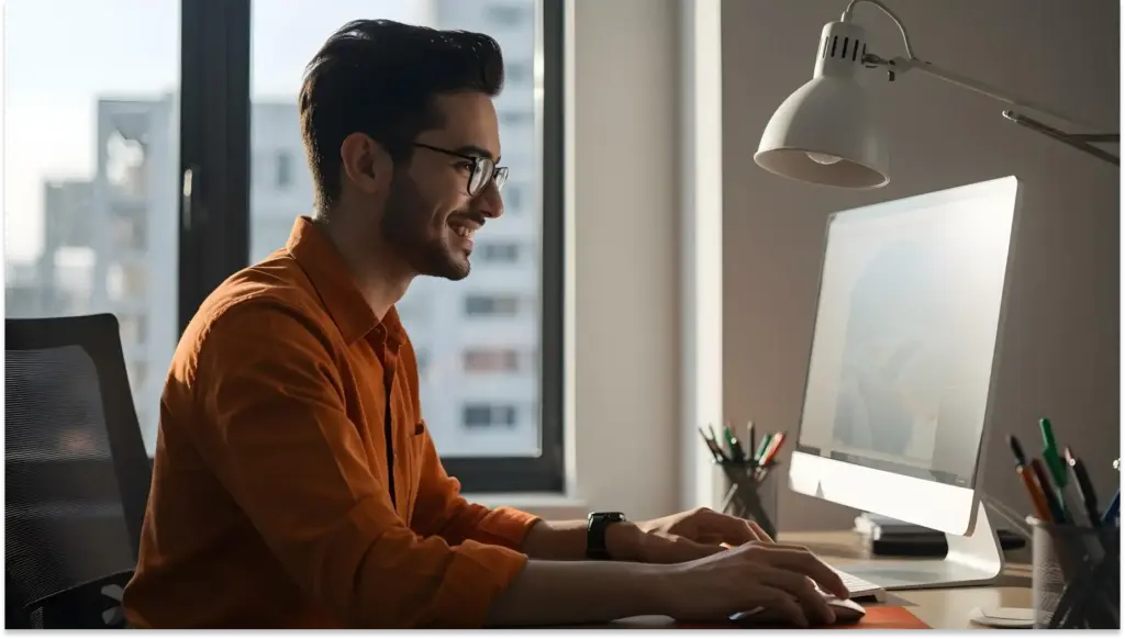 Homem sorridente trabalhando em seu escritório com computador e iluminação natural, ambiente moderno e organizado.
