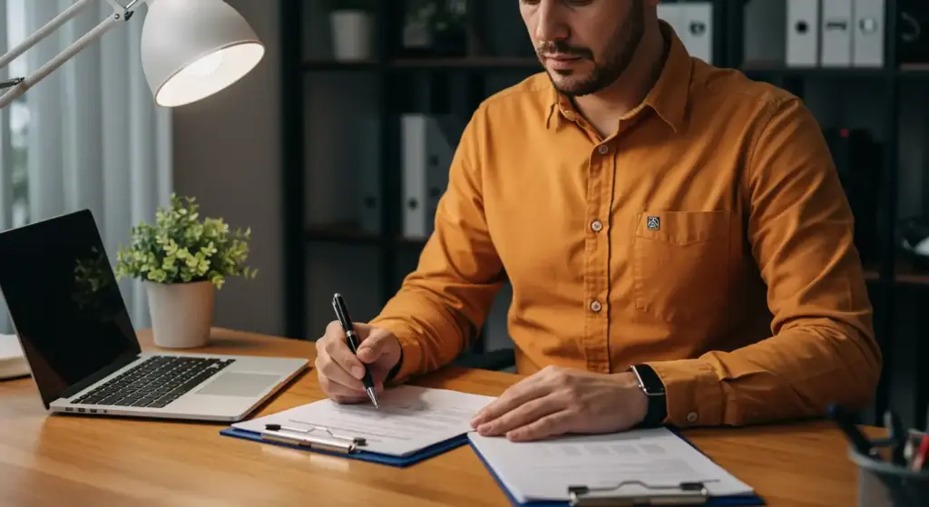 Homem trabalhando com documentos relacionados ao regime celetista em escritório moderno, perto de laptop, com foco na legislação trabalhista brasileira.