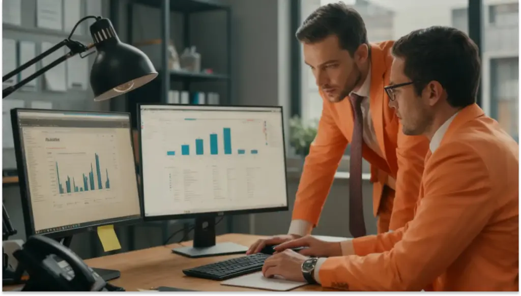 Homens de negócios analisando gráficos em computadores em um escritório moderno, focados em estratégias de crescimento e desempenho empresarial.