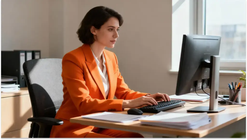 Mulher de blazer laranja trabalhando em escritório com computador, papel e canetas na mesa, ambiente moderno com luz natural.
