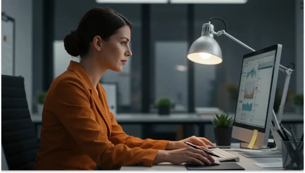 Mulher de negócios analisando dados em computador portátil em escritório moderno, representando o tema de análise de dados e negócios.