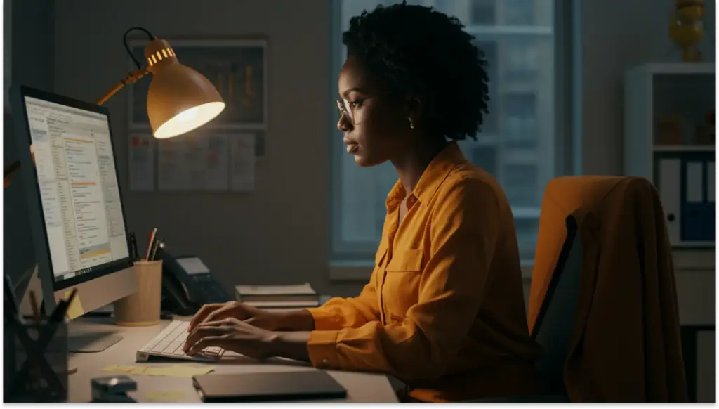 Mulher negra concentrada trabalhando em escritório à noite, usando computador em ambiente silencioso e bem iluminado.