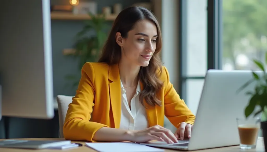 Mulher profissional analisando documentos e usando laptop em escritório durante discussão sobre Reforma Trabalhista.