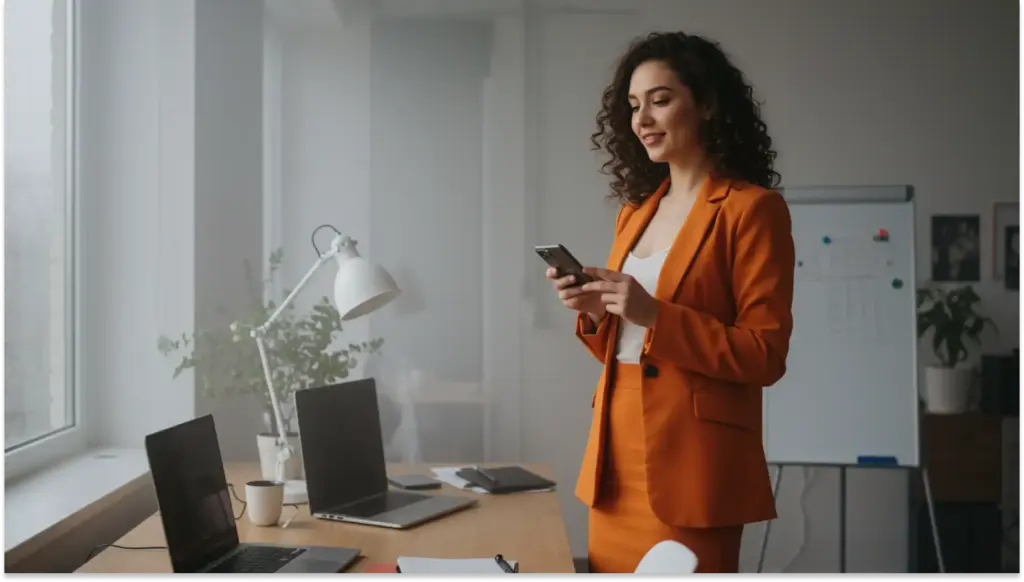 Mulher profissional usando celular em escritório moderno com computadores, plantas e quadro branco ao fundo.