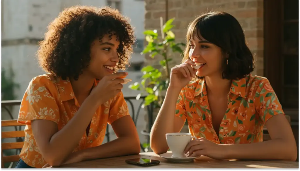 Duas mulheres felizes, uma com cabelo cacheado e outra com cabelo curto, conversando e tomando café em um ambiente ao ar livre.