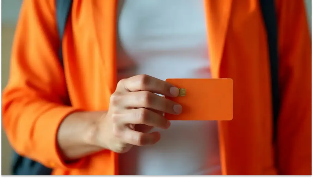 Pessoa segurando um cartão de crédito ou débito, representando empréstimo consignado em um ambiente bem iluminado, com destaque para o cartão na mão, usando uma jaqueta laranja.