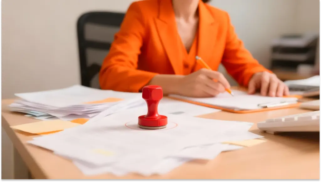 Pessoa trabalhando em escritório com pilha de papéis, planilhas, caneta, teclado e carimbo vermelho na mesa.