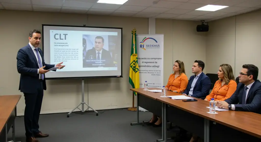 Reunião sobre a Reforma Trabalhista com profissionais e especialista explicando pontos importantes em uma sala de treinamento.