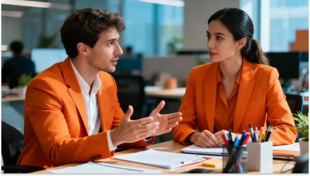 Homem e mulher em reunião de negócios no escritório, discutindo estratégias de trabalho, usando roupas laranja, com foco em comunicação eficaz e parceria profissional.
