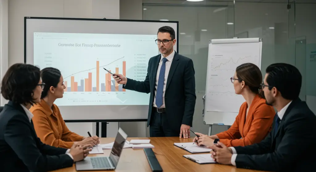 Reunião de equipe do departamento financeiro analisando gráficos e relatórios em uma apresentação corporativa.