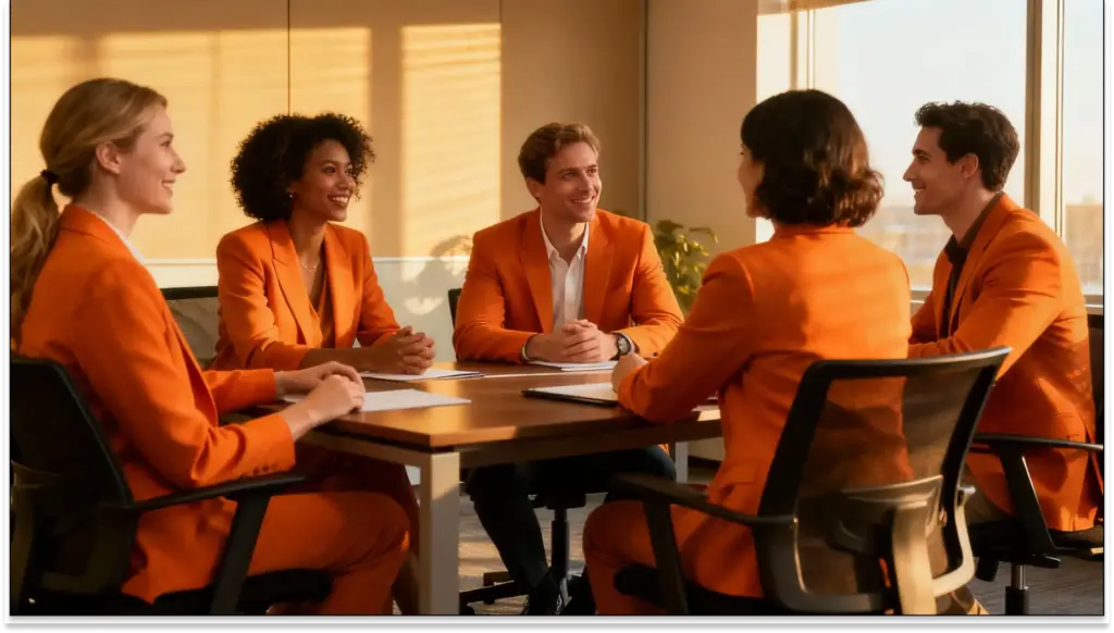 Reunião de equipe de negócios com profissionais femininos e masculinos em uniforme laranja, discutindo estratégias em uma sala moderna com janelas grandes ao fundo.