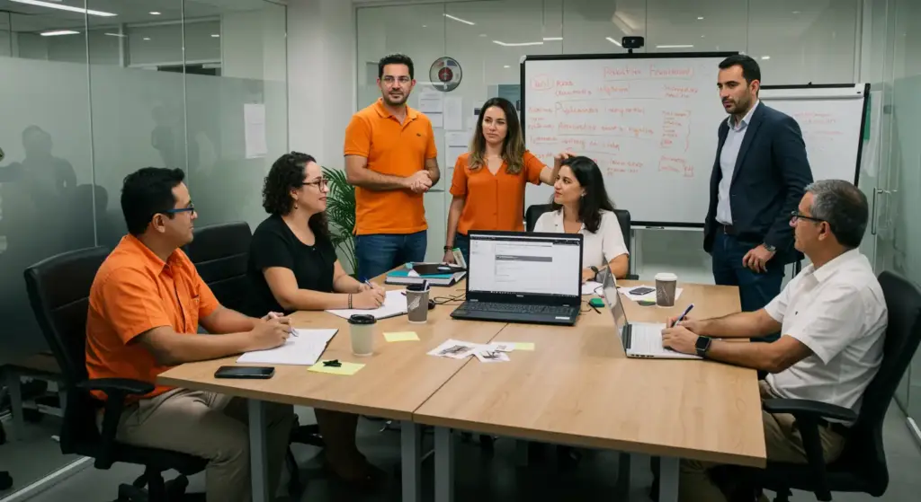 Reunião de equipe discutindo o regime celetista e questões trabalhistas em sala de reunião moderna.