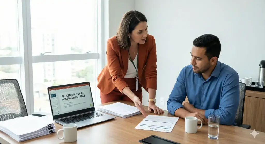 Pessoa explicando o funcionamento do afastamento pelo INSS a um colega na sala de escritório, ao lado de um laptop mostrando procedimentos do INSS.