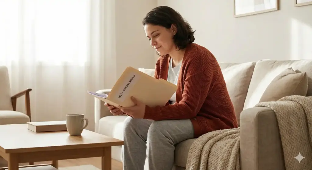Mulher analisando documento sobre afastamento pelo INSS, com sorriso discreto, em ambiente de sala de estar confortável e bem iluminada, ilustrando o tema "Afastamento pelo INSS: como funciona, prazo e valor recebido".